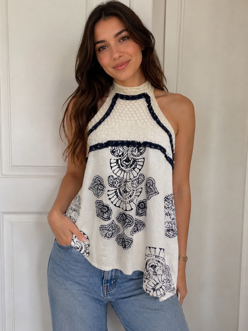 NEW. Free People White and Navy Embroidered Blouse NEW SIZE M